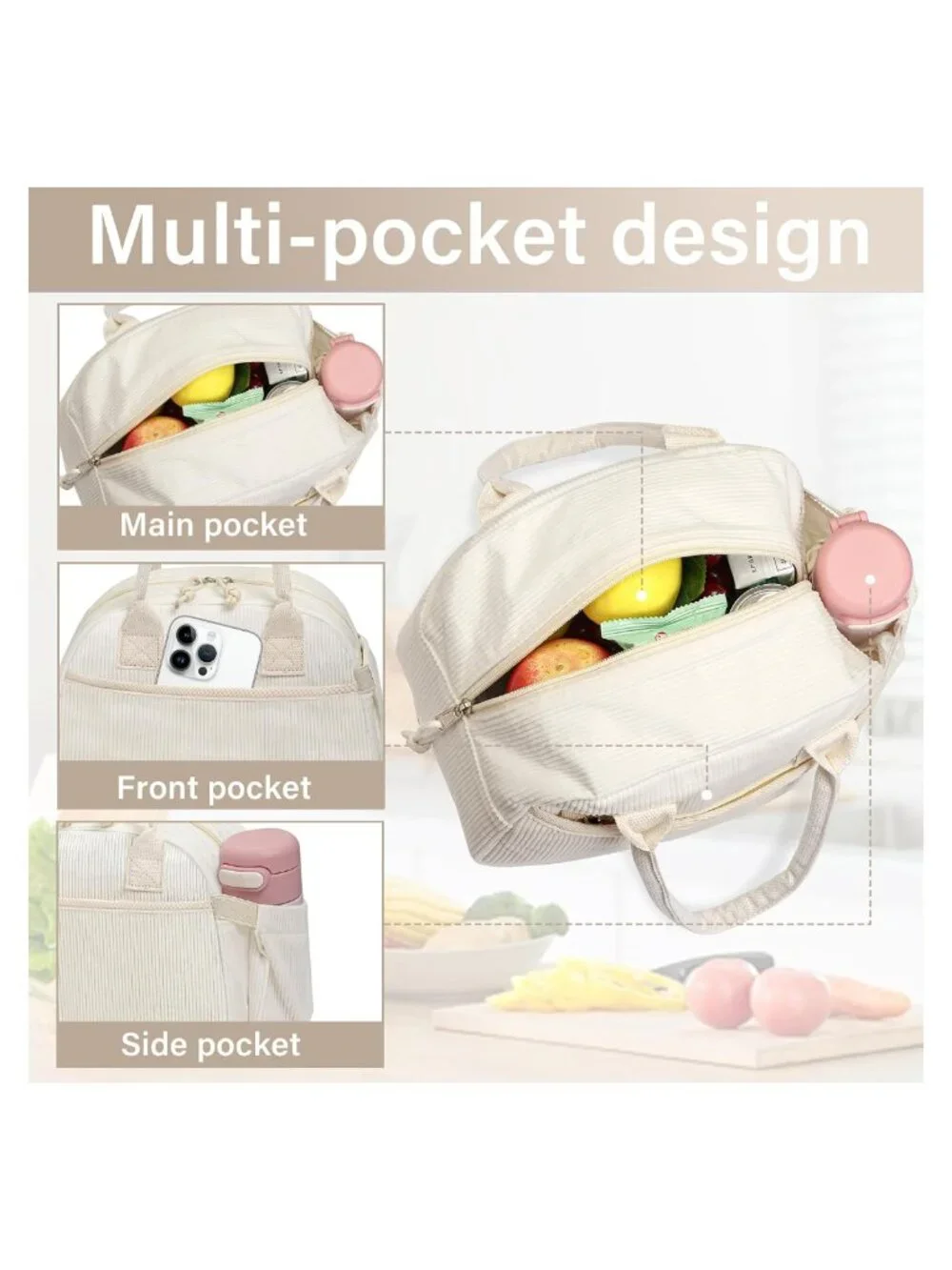 Insulated Corduroy Lunch Box Tote Bag for Women Large Capacity